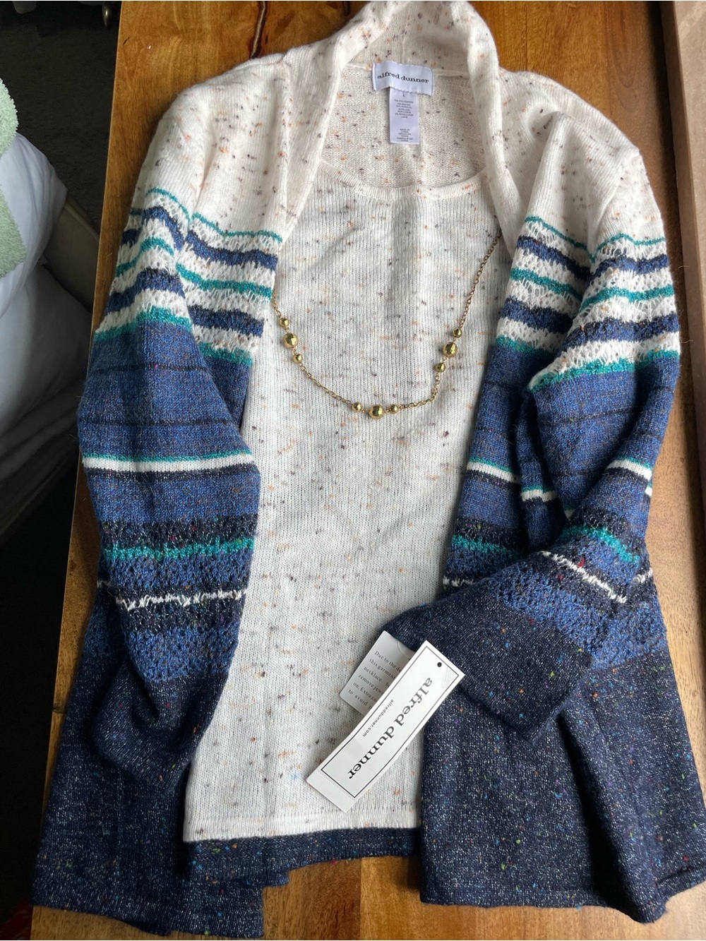 NWT Alfred Dunner Cream, Navy, Teal Striped Sweater Cardigan with Necklace SizeL